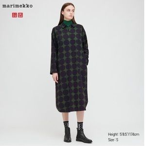 NWT Marimekko Uniqlo Flannel Large Polka Dot Dark Green Button Down Shirt Dress